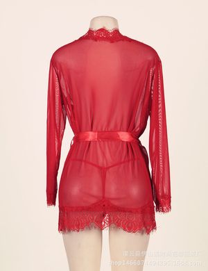 Коротенький прозрачный халат с длинным рукавом - XS/S/M - Красный– Эротическое бельё X00000292-6 фото