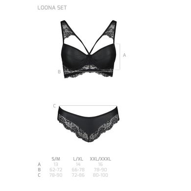 Комплект з еко-шкіри та мережива Passion LOONA SET L/XL, black, бра і трусики SO5361 фото
