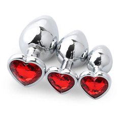 Набор стальных анальных пробок сердечки - Красный - 3 шт. (S/M/L) – Анальные игрушки X00000179-2 фото