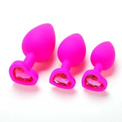 Набір силіконових анальних пробок "Сердечко" з кристалом - Рожевий - 3 шт (S/M/L) - Анальні іграшки X0000589-3 фото