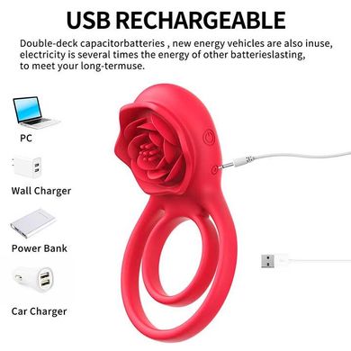 Подвійне ерекційне кільце з вібрацією "Hgod Rose" USB - Червоний X0000755 фото