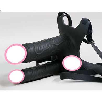 Двойной полый страпон с вибрацией 10 режимов + Лубрикант 215 мл +Спрей для очистки секс-игрушек Черный X0000879-2 фото